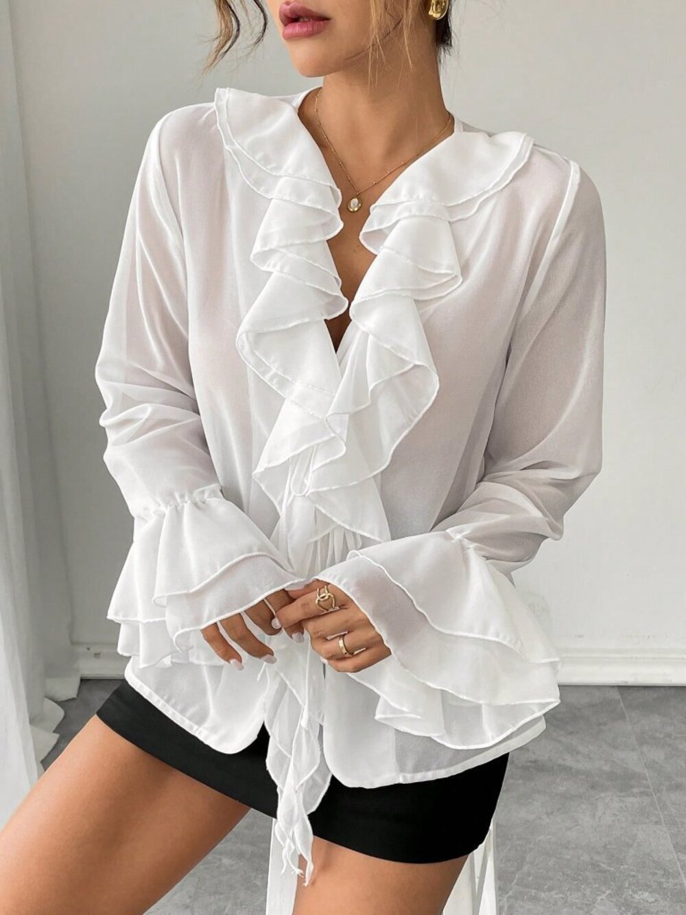 White Casual Women's Babydoll Ruffle V-Neck Long Sleeve Shirt with Tie-Up Detail - Picture 4 of 6
